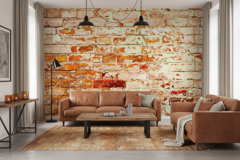 Papier peint effet brique ancienne patinée style industriel vintage - Salon / Séjour