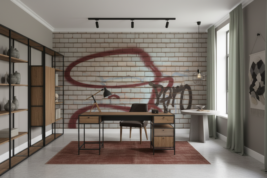 Papier Peint Effet Brique Blanche avec Graffiti Rouge Street Art - Bureau