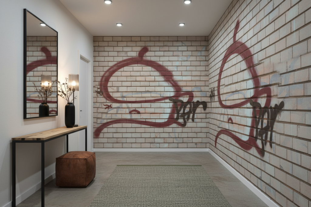 Papier Peint Effet Brique Blanche avec Graffiti Rouge Street Art - Couloir