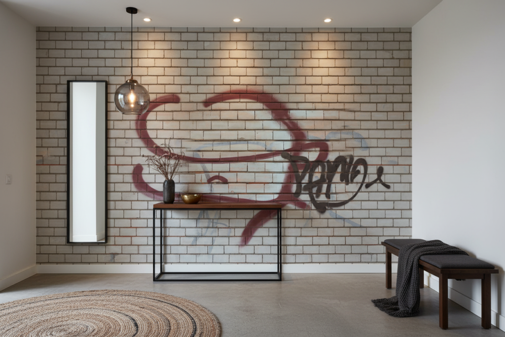 Papier Peint Effet Brique Blanche avec Graffiti Rouge Street Art - Entrée