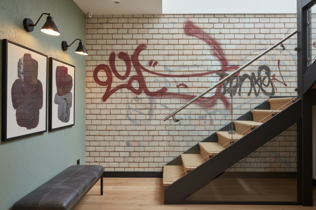 Papier Peint Effet Brique Blanche avec Graffiti Rouge Street Art - Escalier