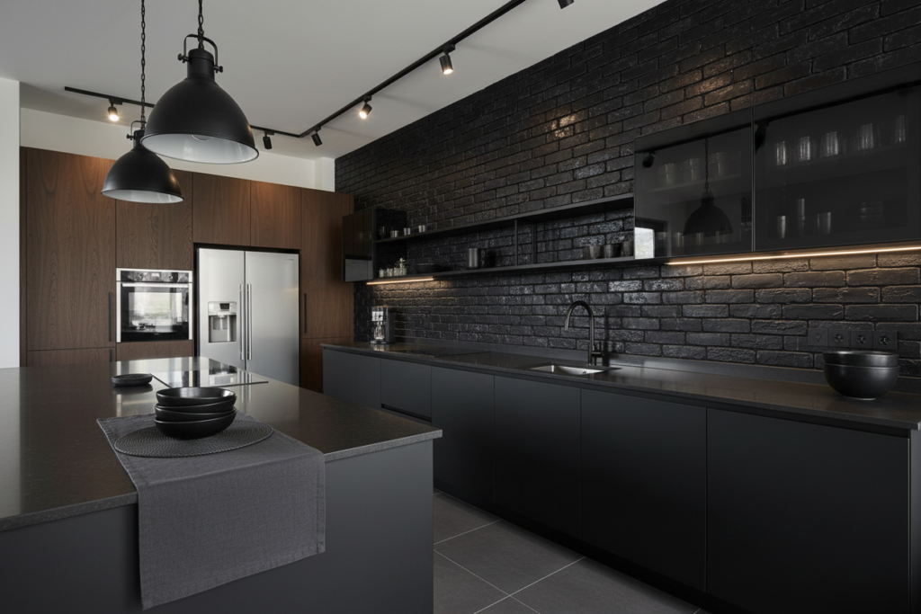 Papier Peint Effet Briques Noires Industriel Moderne Texture Réaliste - Cuisine