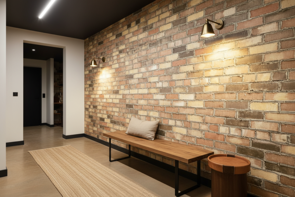 Papier peint effet mur de briques anciennes patinées authentiques - Couloir