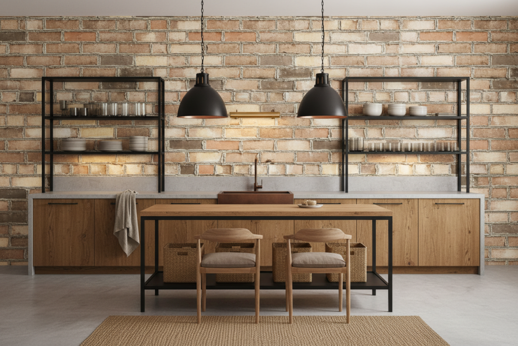 Papier peint effet mur de briques anciennes patinées authentiques - Cuisine