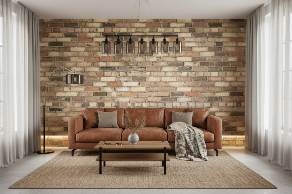 Papier peint effet mur de briques anciennes patinées authentiques - Salon / Séjour