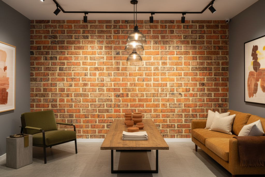 Papier peint effet mur de briques orangées vieillies authentique - Boutique