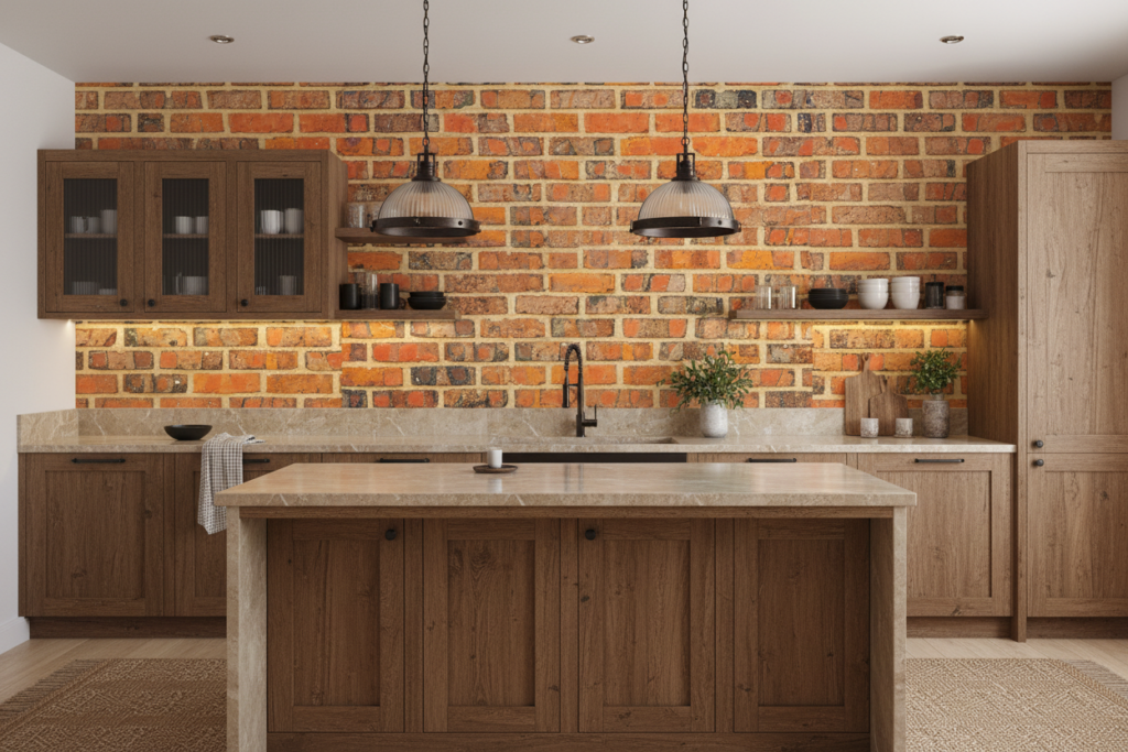 Papier peint effet mur de briques orangées vieillies authentique - Cuisine