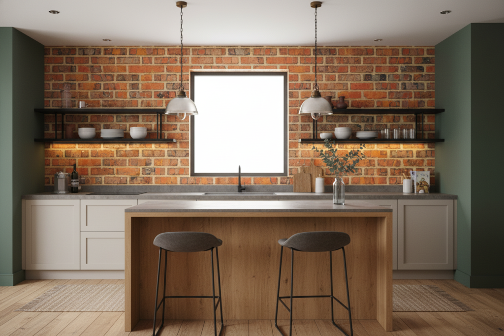 Papier peint effet mur de briques orangées vieillies authentique - Cuisine