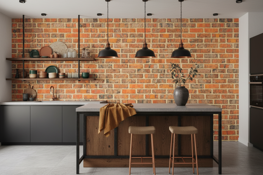 Papier peint effet mur de briques orangées vieillies authentique - Cuisine