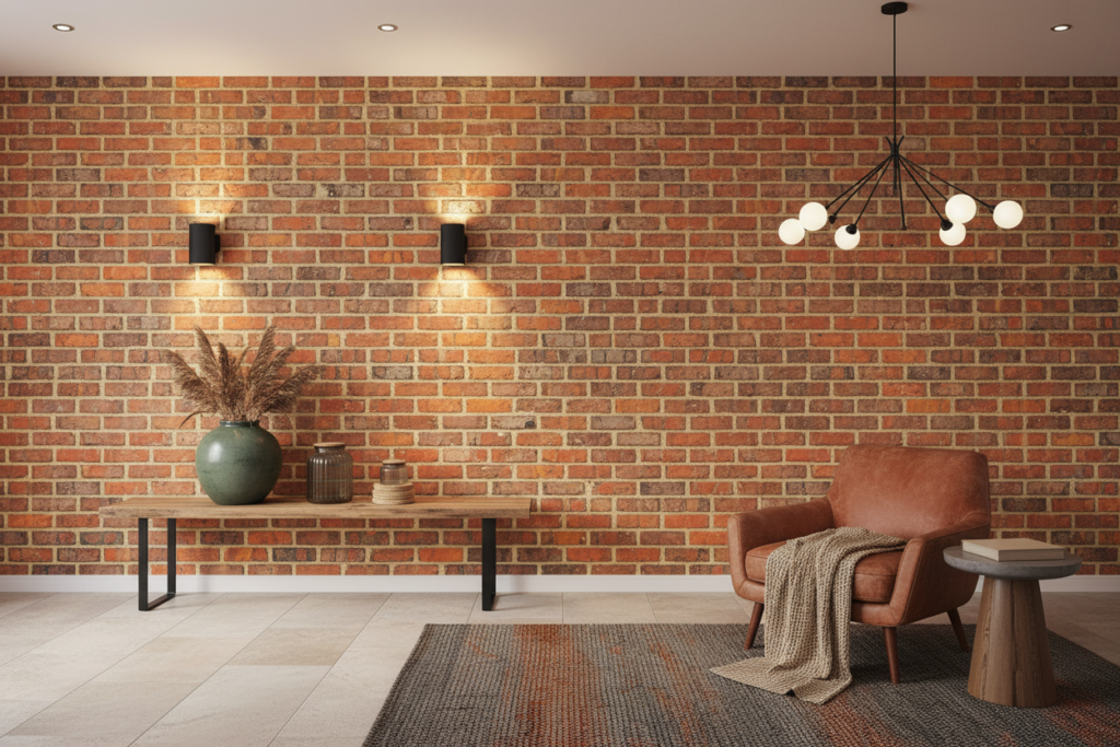 Papier peint effet mur de briques orangées vieillies authentique - Entrée