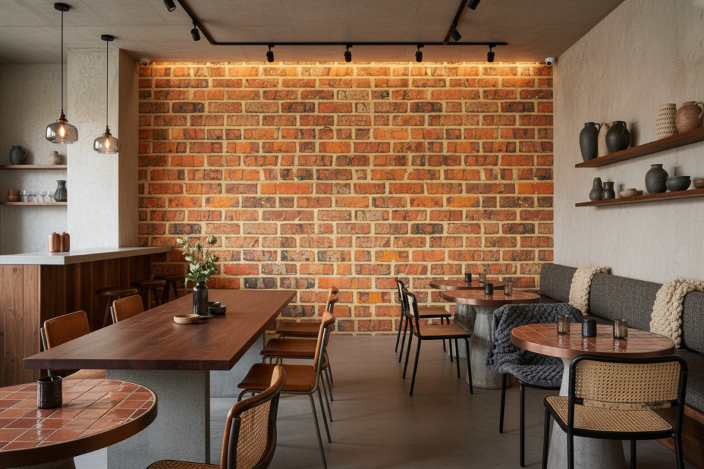 Papier peint effet mur de briques orangées vieillies authentique - Restaurant
