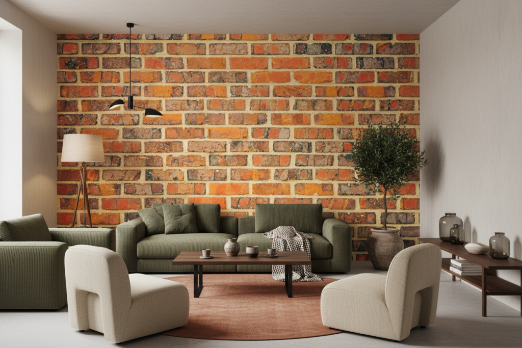 Papier peint effet mur de briques orangées vieillies authentique - Salon / Séjour