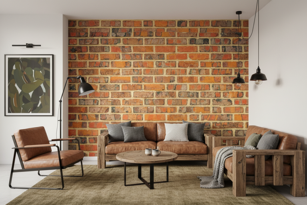 Papier peint effet mur de briques orangées vieillies authentique - Salon / Séjour