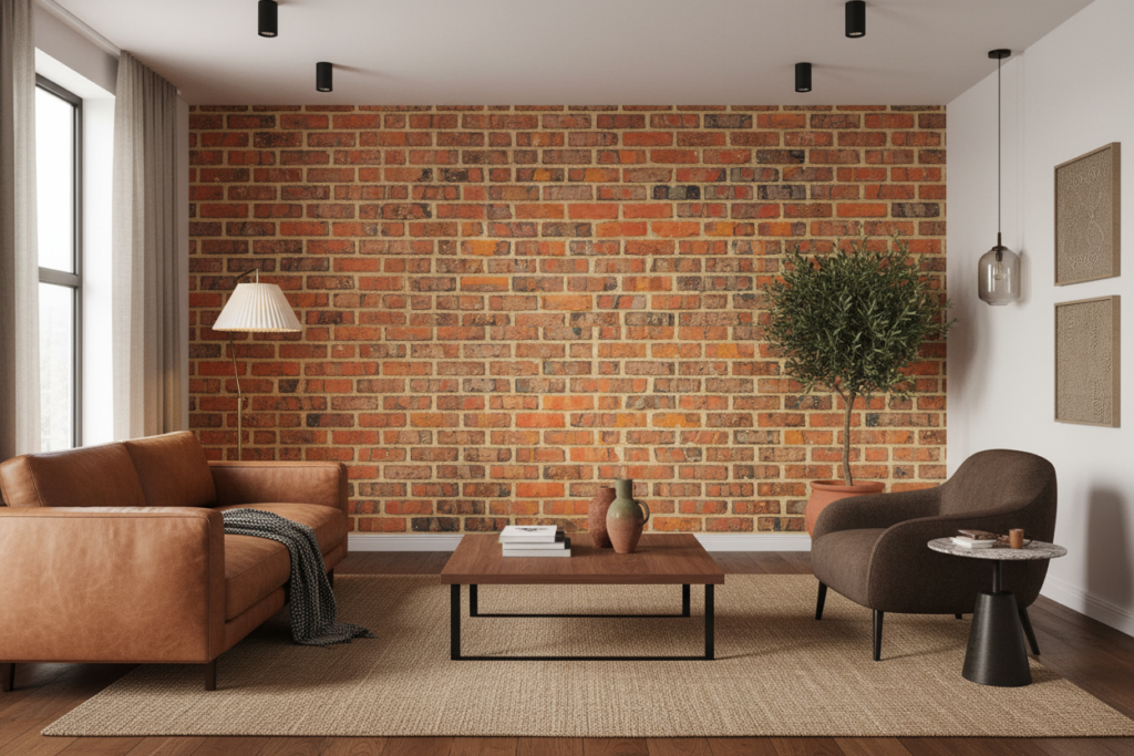 Papier peint effet mur de briques orangées vieillies authentique - Salon / Séjour