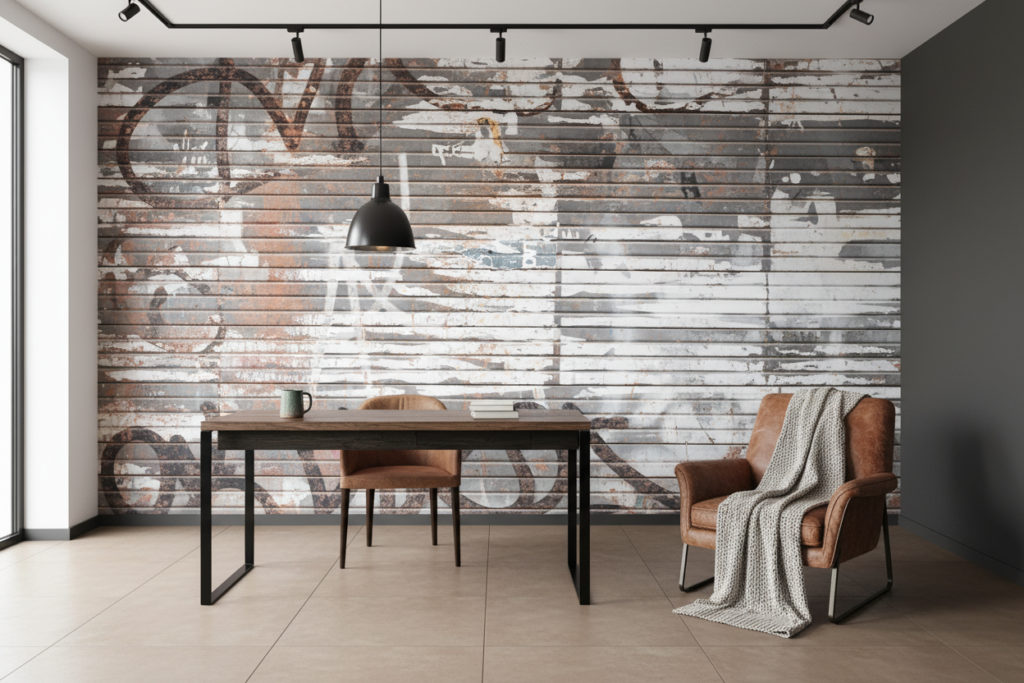 Papier Peint Effet Planches Bois Vieilli Patiné Gris Blanc - Bureau