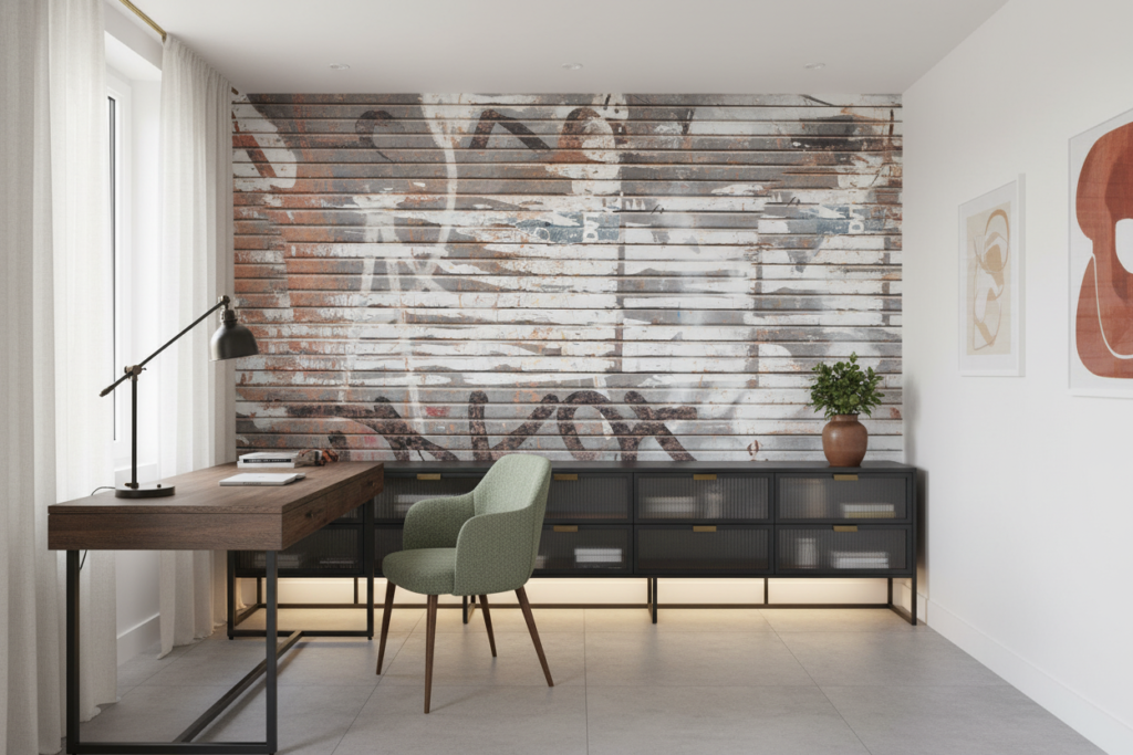 Papier Peint Effet Planches Bois Vieilli Patiné Gris Blanc - Bureau