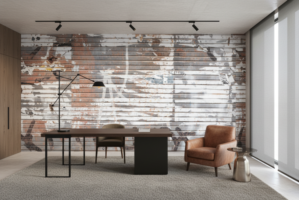 Papier Peint Effet Planches Bois Vieilli Patiné Gris Blanc - Bureau