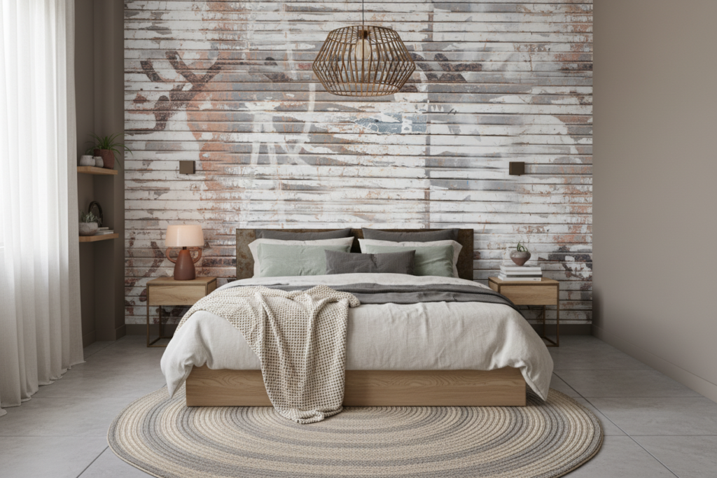 Papier Peint Effet Planches Bois Vieilli Patiné Gris Blanc - Chambre adulte