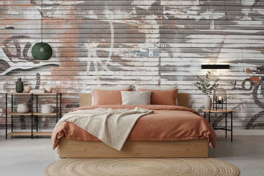 Papier Peint Effet Planches Bois Vieilli Patiné Gris Blanc - Chambre adulte