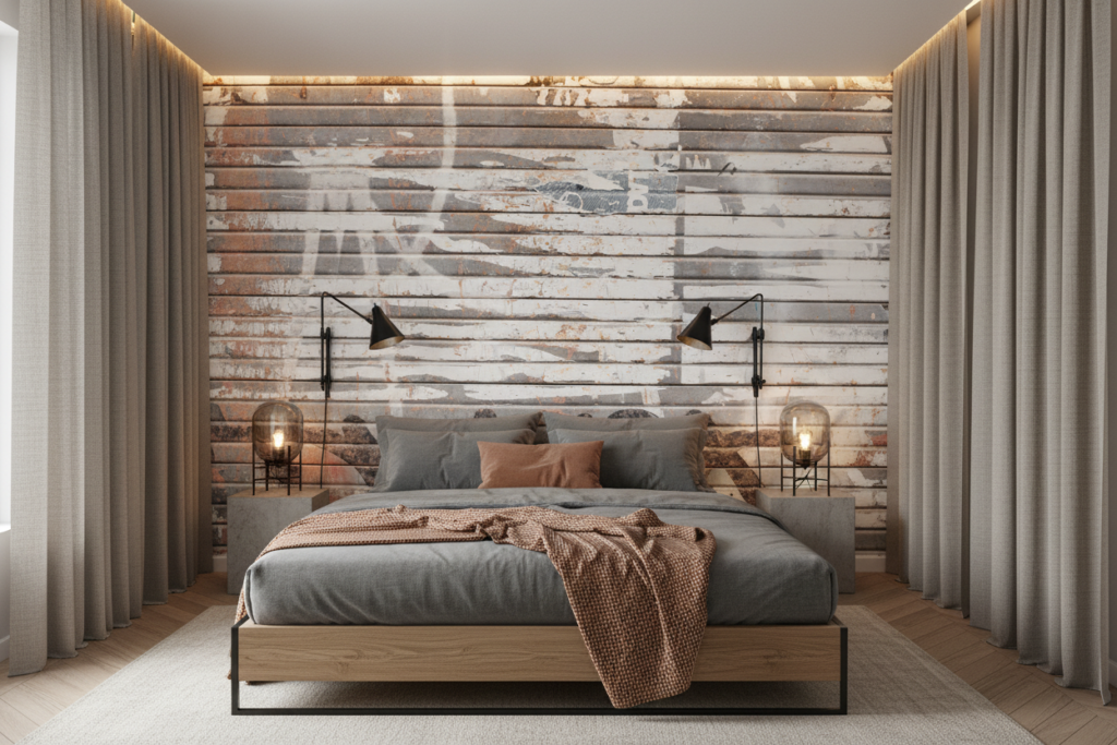 Papier Peint Effet Planches Bois Vieilli Patiné Gris Blanc - Chambre adulte