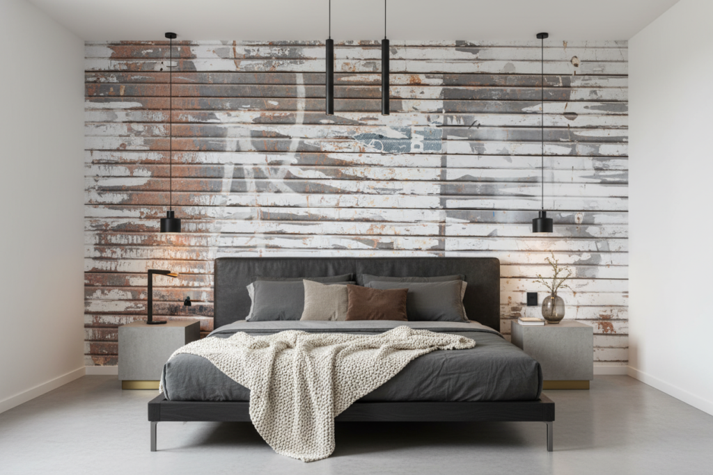 Papier Peint Effet Planches Bois Vieilli Patiné Gris Blanc - Chambre adulte