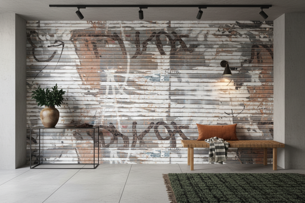 Papier Peint Effet Planches Bois Vieilli Patiné Gris Blanc - Entrée