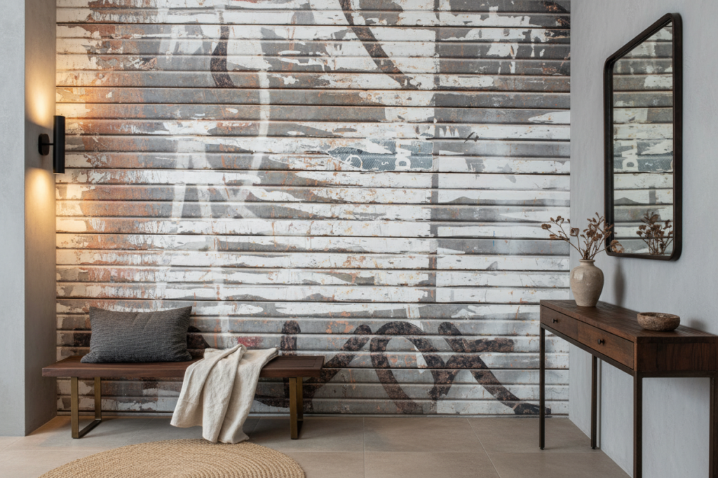 Papier Peint Effet Planches Bois Vieilli Patiné Gris Blanc - Entrée