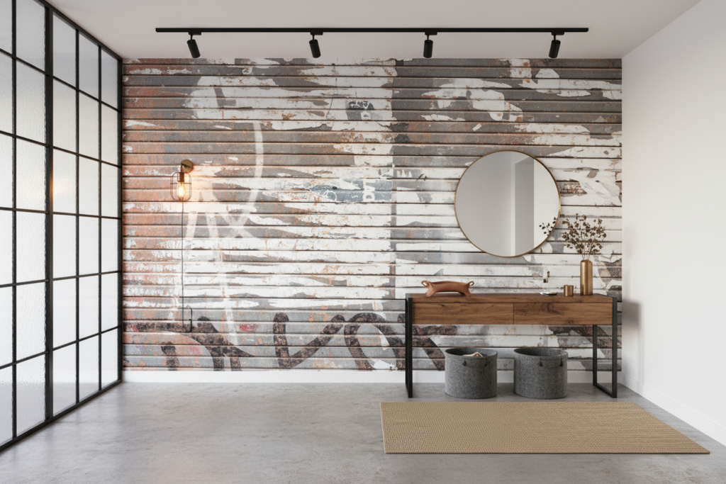 Papier Peint Effet Planches Bois Vieilli Patiné Gris Blanc - Entrée