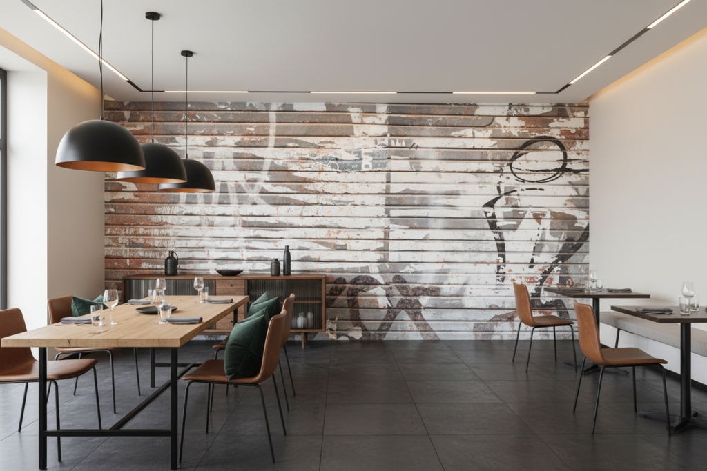 Papier Peint Effet Planches Bois Vieilli Patiné Gris Blanc - Restaurant