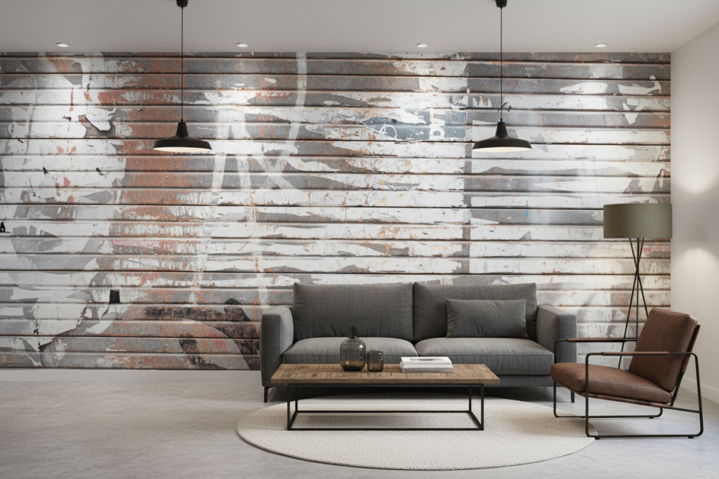 Papier Peint Effet Planches Bois Vieilli Patiné Gris Blanc - Salon / Séjour