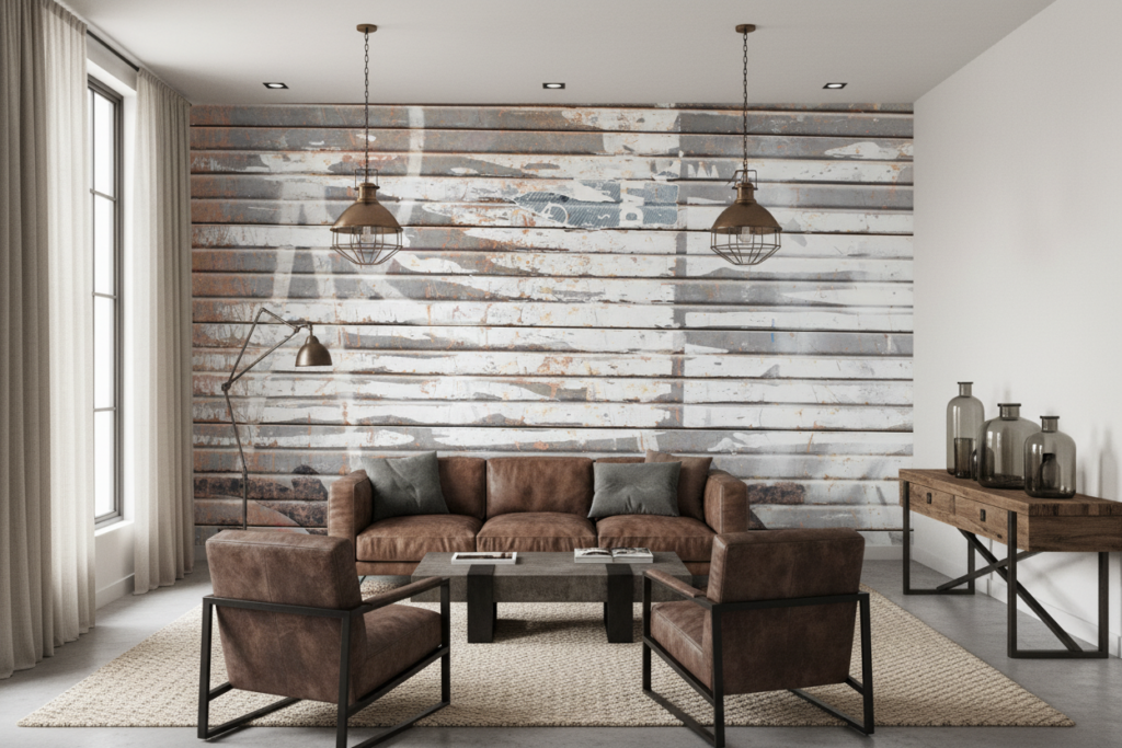 Papier Peint Effet Planches Bois Vieilli Patiné Gris Blanc - Salon / Séjour