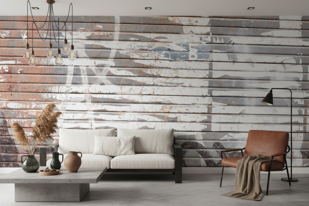 Papier Peint Effet Planches Bois Vieilli Patiné Gris Blanc - Salon / Séjour