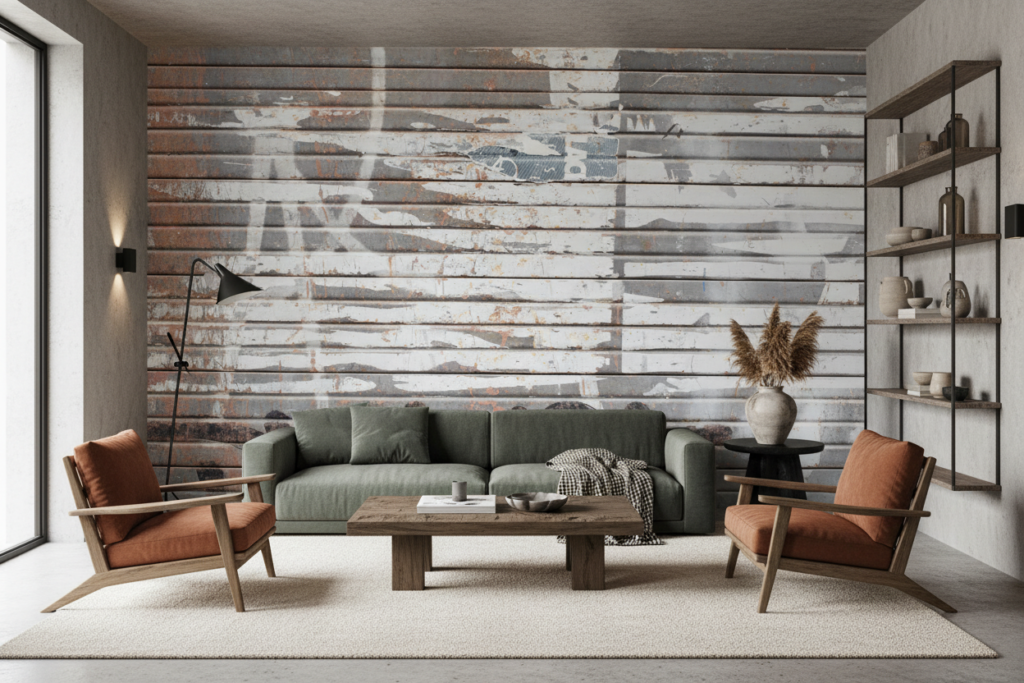 Papier Peint Effet Planches Bois Vieilli Patiné Gris Blanc - Salon / Séjour