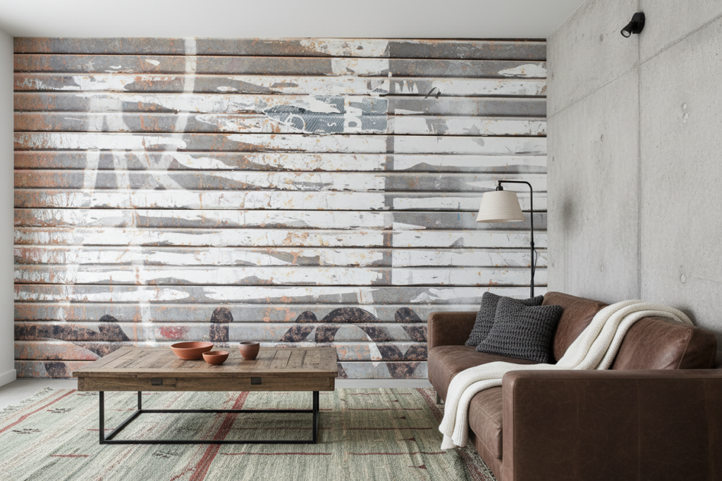 Papier Peint Effet Planches Bois Vieilli Patiné Gris Blanc - Salon / Séjour