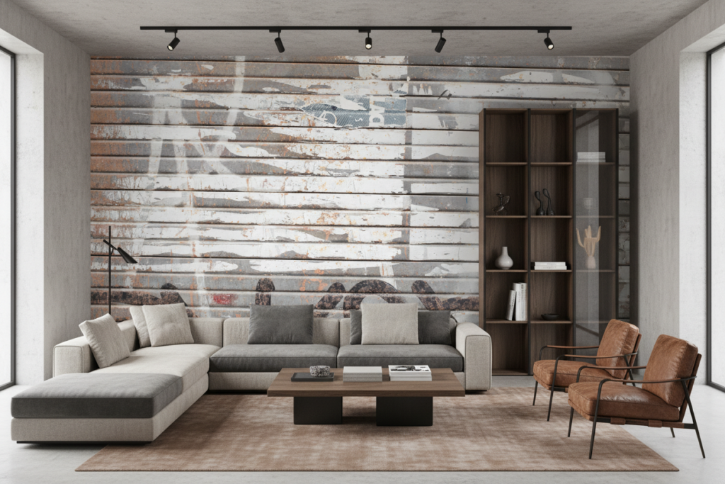 Papier Peint Effet Planches Bois Vieilli Patiné Gris Blanc - Salon / Séjour