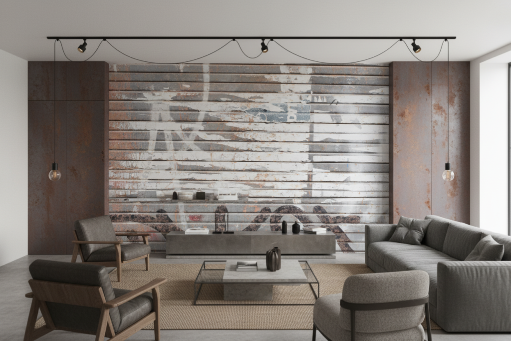 Papier Peint Effet Planches Bois Vieilli Patiné Gris Blanc - Salon / Séjour