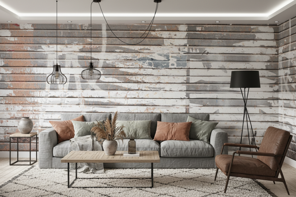 Papier Peint Effet Planches Bois Vieilli Patiné Gris Blanc - Salon / Séjour