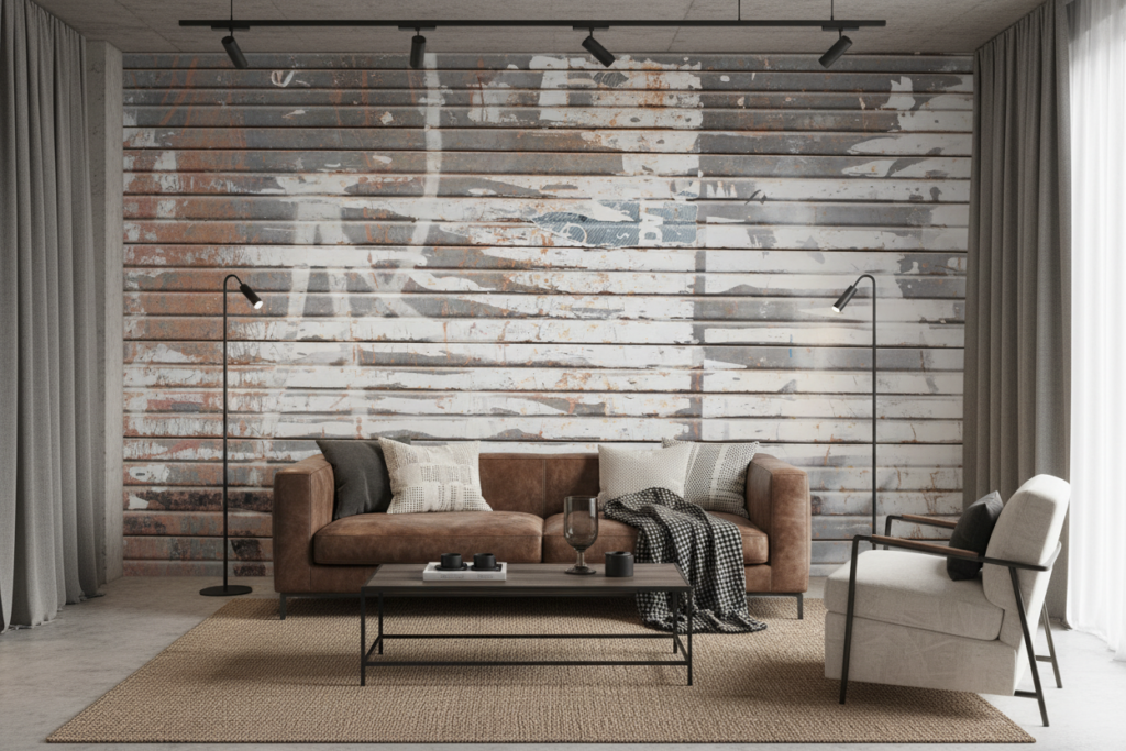 Papier Peint Effet Planches Bois Vieilli Patiné Gris Blanc - Salon / Séjour