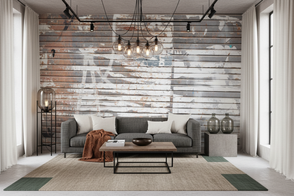 Papier Peint Effet Planches Bois Vieilli Patiné Gris Blanc - Salon / Séjour