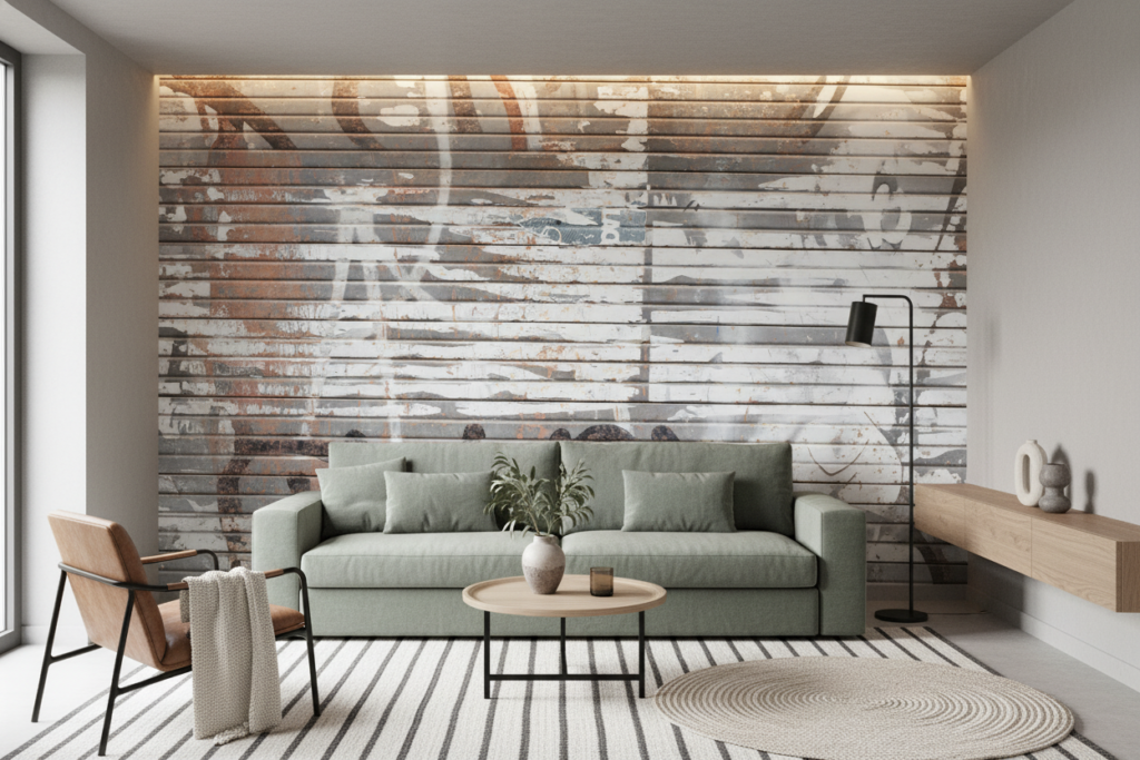 Papier Peint Effet Planches Bois Vieilli Patiné Gris Blanc - Salon / Séjour