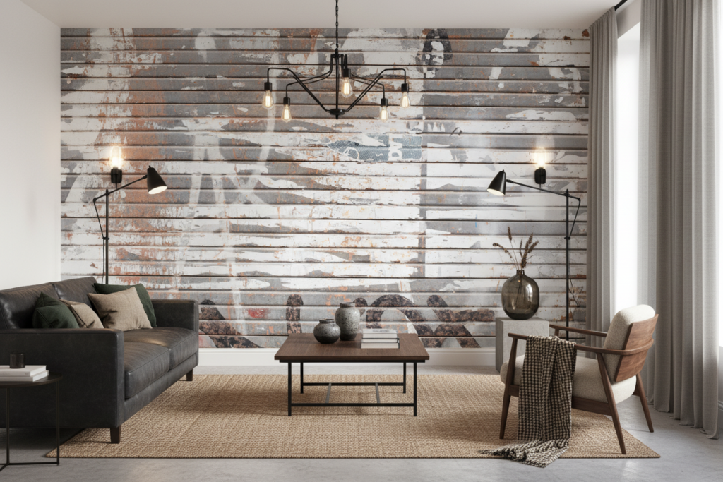 Papier Peint Effet Planches Bois Vieilli Patiné Gris Blanc - Salon / Séjour