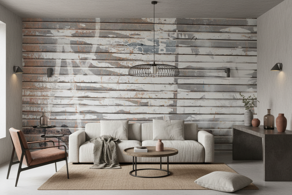 Papier Peint Effet Planches Bois Vieilli Patiné Gris Blanc - Salon / Séjour