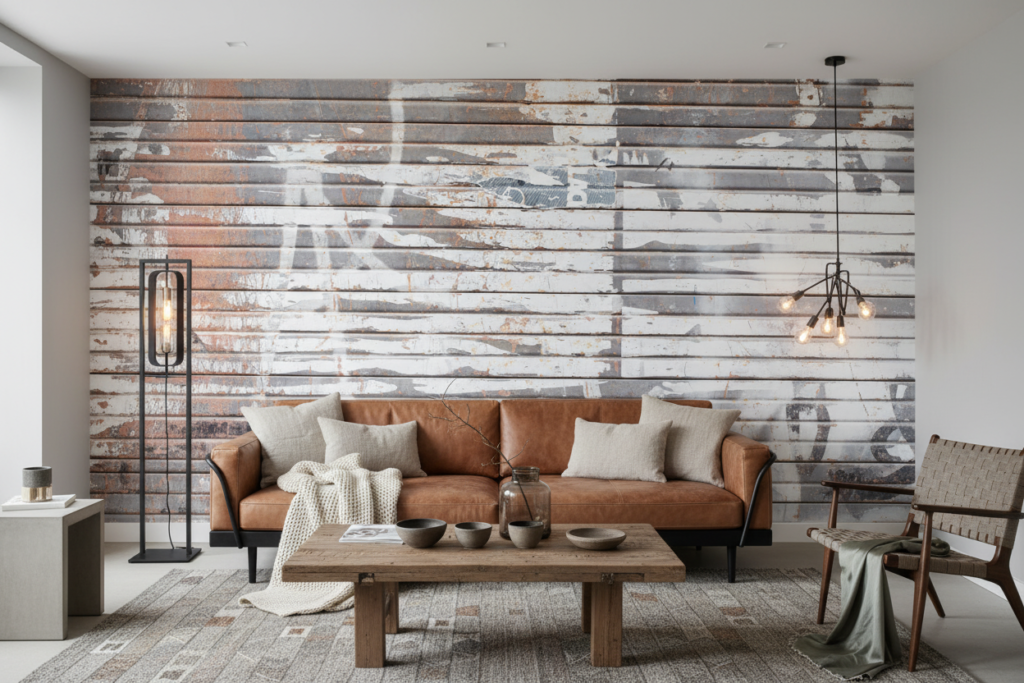 Papier Peint Effet Planches Bois Vieilli Patiné Gris Blanc - Salon / Séjour