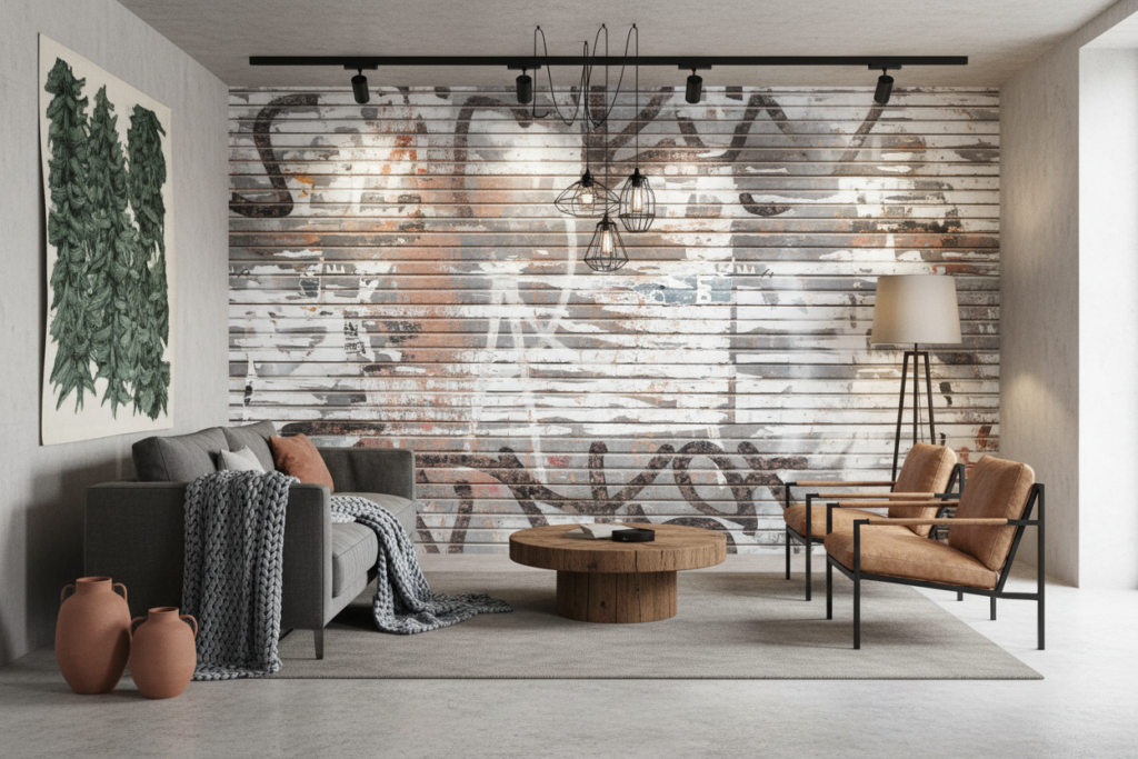 Papier Peint Effet Planches Bois Vieilli Patiné Gris Blanc - Salon / Séjour