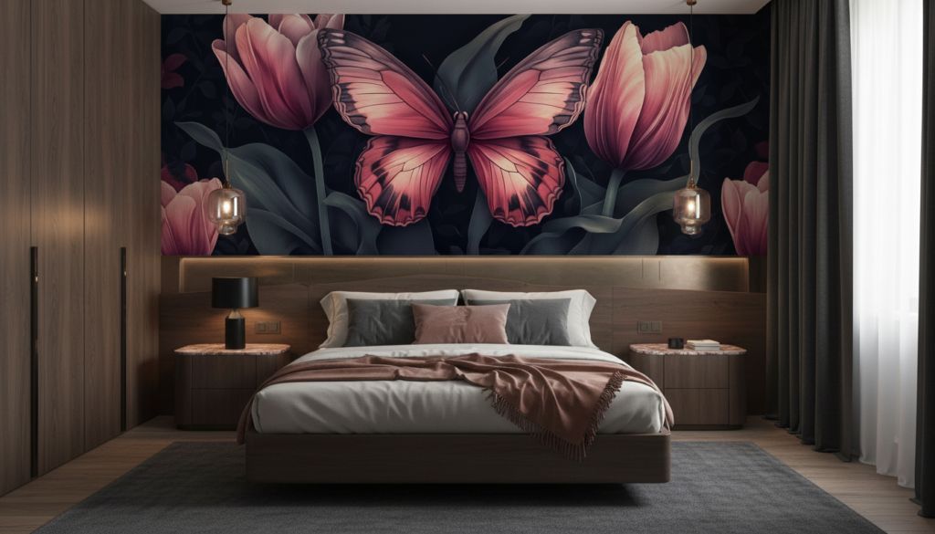 Papier peint élégant papillon rose et tulipes sur fond sombre - Chambre adulte