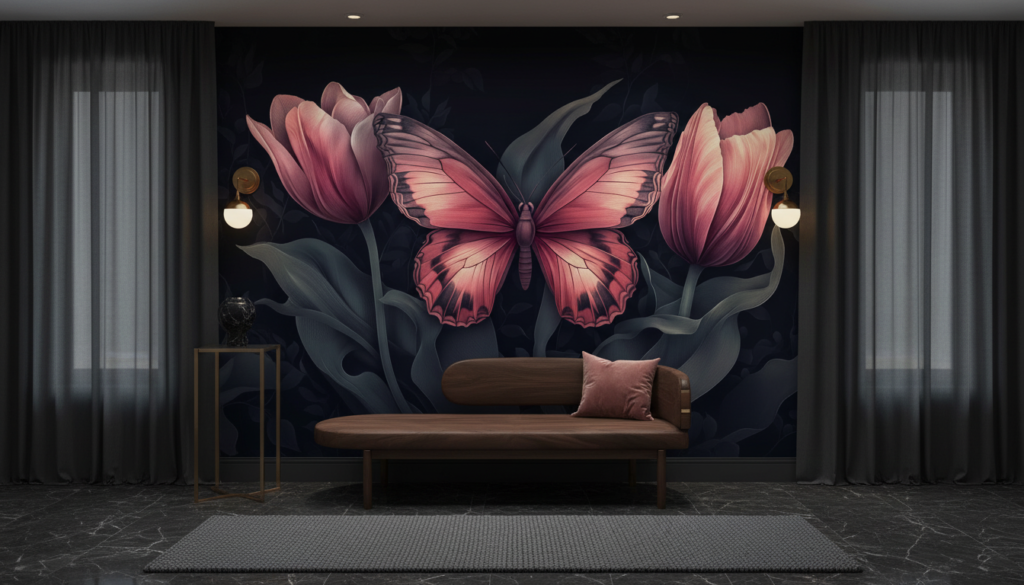 Papier peint élégant papillon rose et tulipes sur fond sombre - Entrée