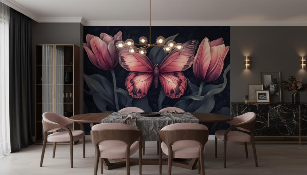 Papier peint élégant papillon rose et tulipes sur fond sombre - Salle à manger