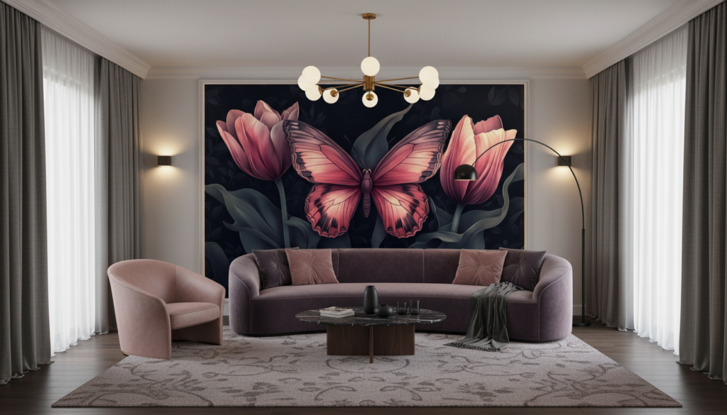 Papier peint élégant papillon rose et tulipes sur fond sombre - Salon / Séjour