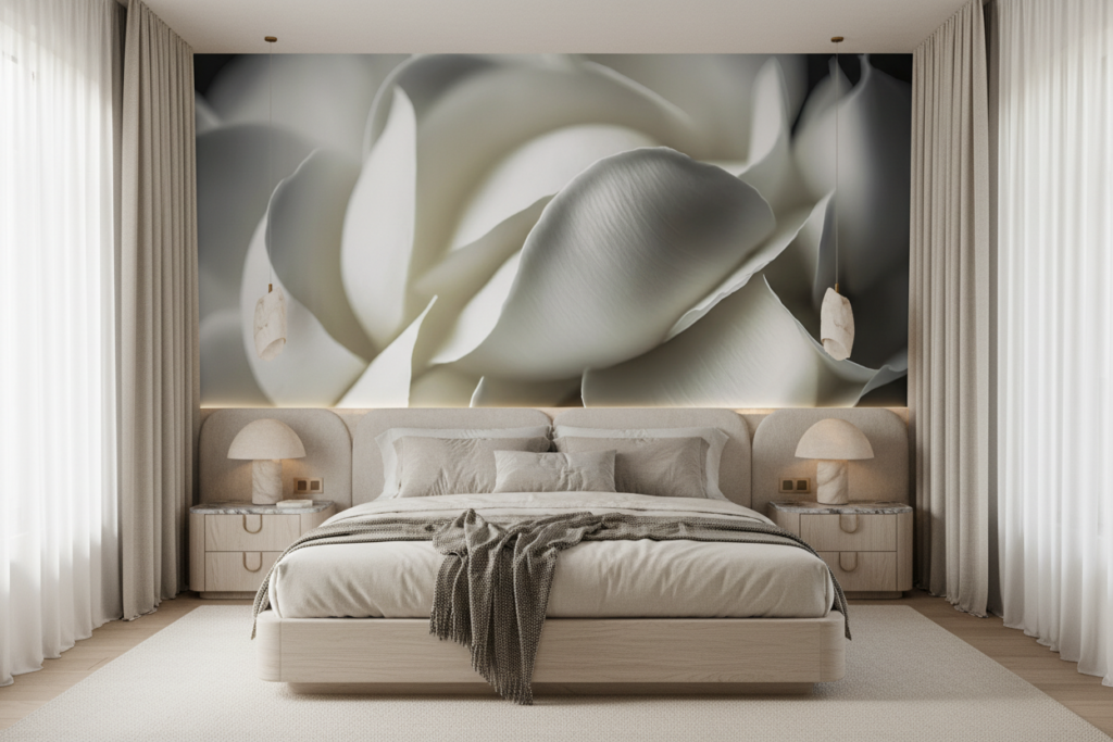 Papier peint élégant pétales blancs texture organique sophistiquée - Chambre adulte