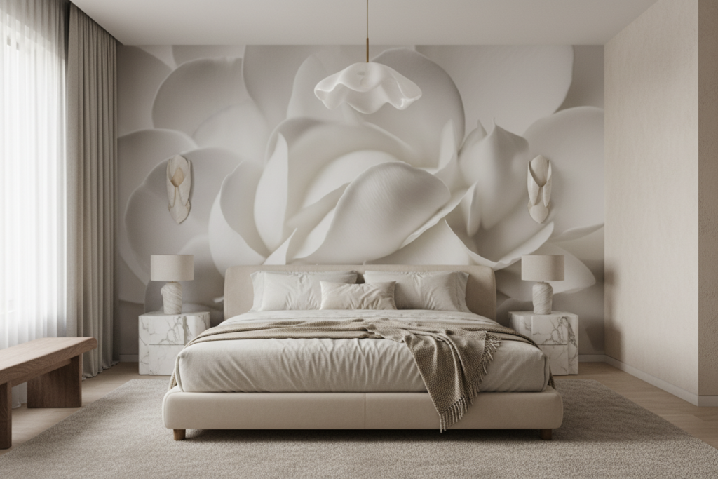 Papier peint élégant pétales blancs texture organique sophistiquée - Chambre adulte